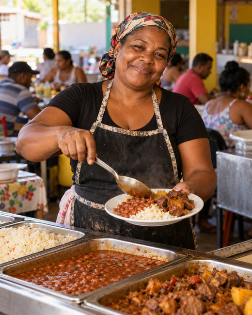 La dueña de un comedor sirve arroz y habichuelas desde las bandejas calientes