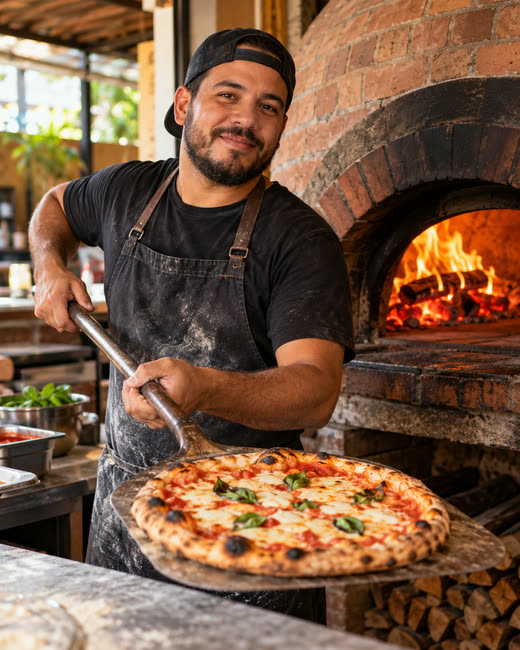 El dueño de una pizzería saca una pizza del horno de ladrillo