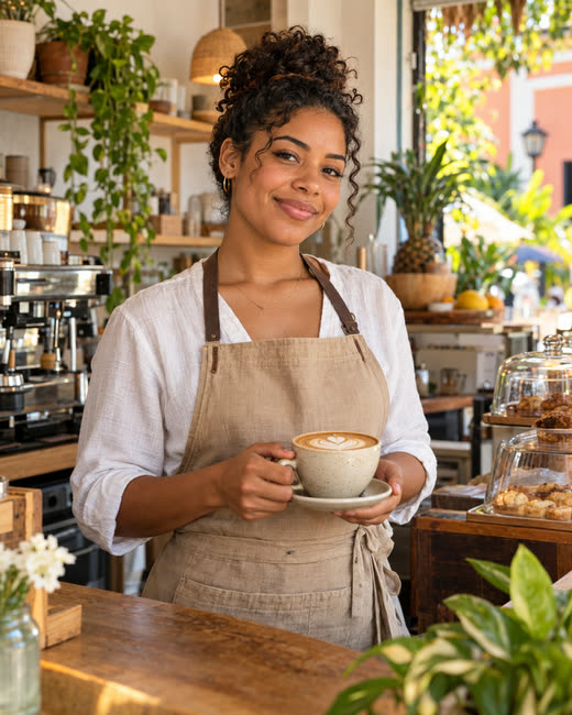 La dueña de una cafetería sostiene un café en la barra