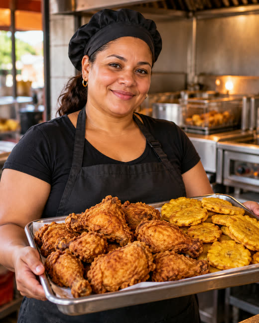 La dueña de un pica pollo presenta una bandeja de pollo frito y tostones