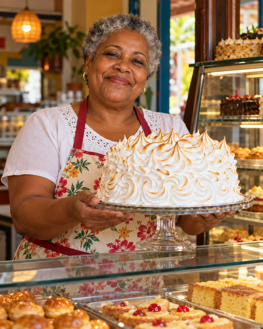 La dueña de una repostería muestra un bizcocho dominicano con suspiro