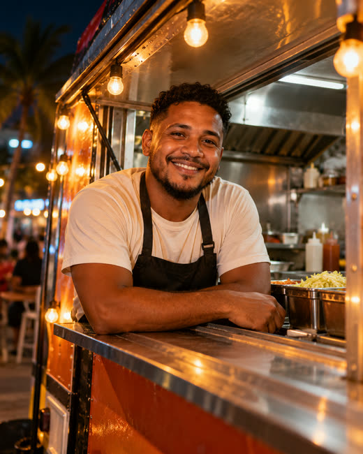 El dueño de un food truck se asoma por la ventanilla de noche