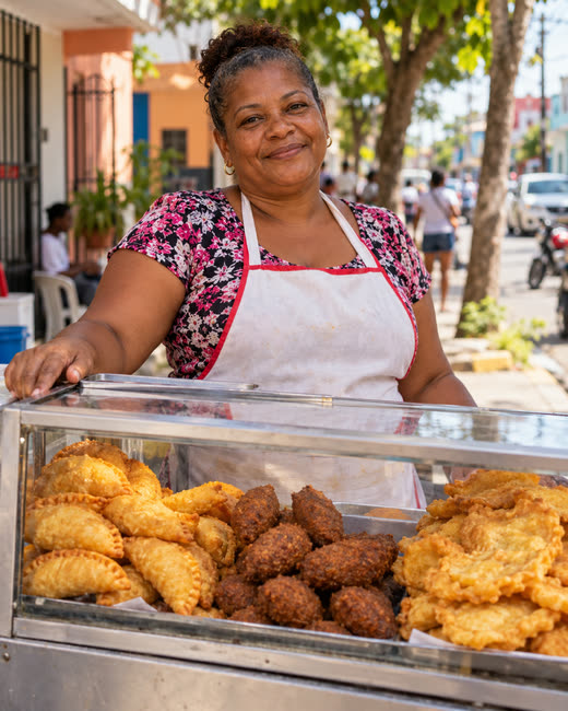 La dueña de un friquitín junto a su vitrina de empanadas y quipes