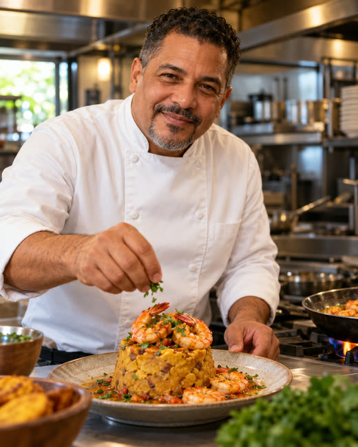 El chef y dueño de un restaurante emplata un mofongo con camarones