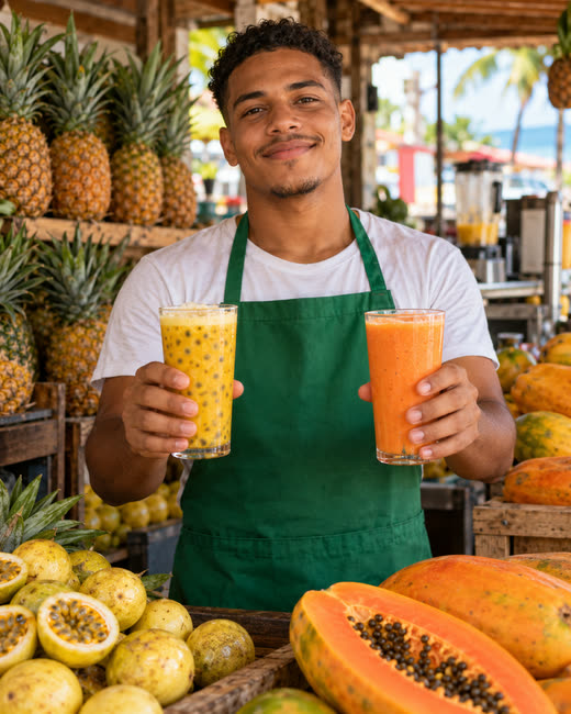El dueño de una juguería sostiene dos batidas de frutas tropicales